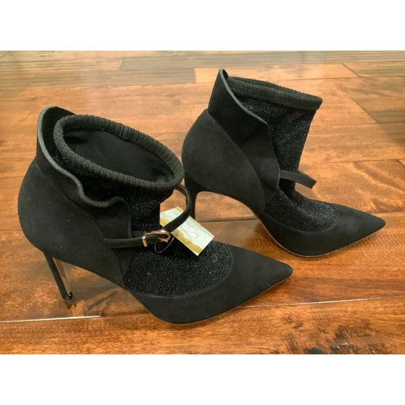 Sophia Webster Black Suede Pointed Toe Booties W/ Sparkle Sock, Size 7 US 37 IT